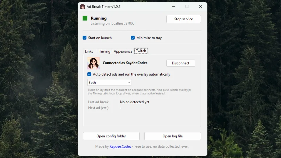 The Ad Break Timer window connected to a Twitch account, with automatic ad detection switched on