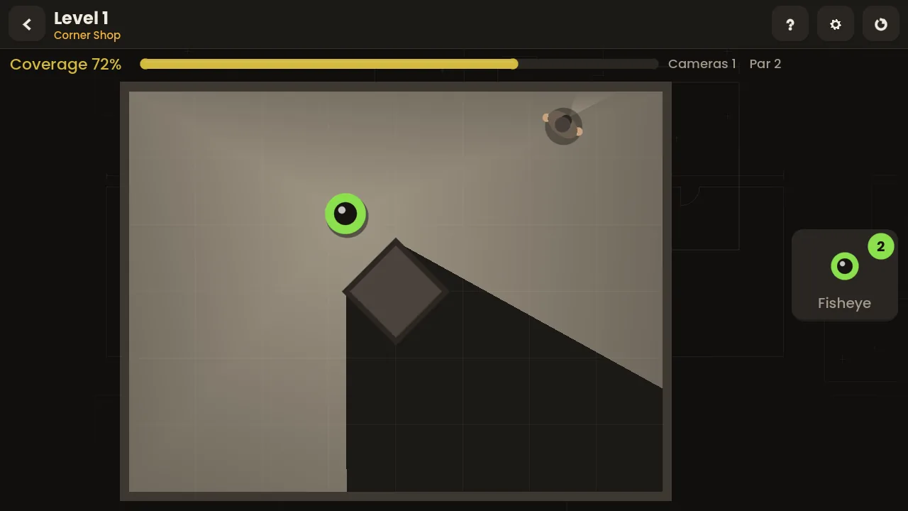 A Blindspot level in progress: one camera lights up most of the floor, with coverage at 72%