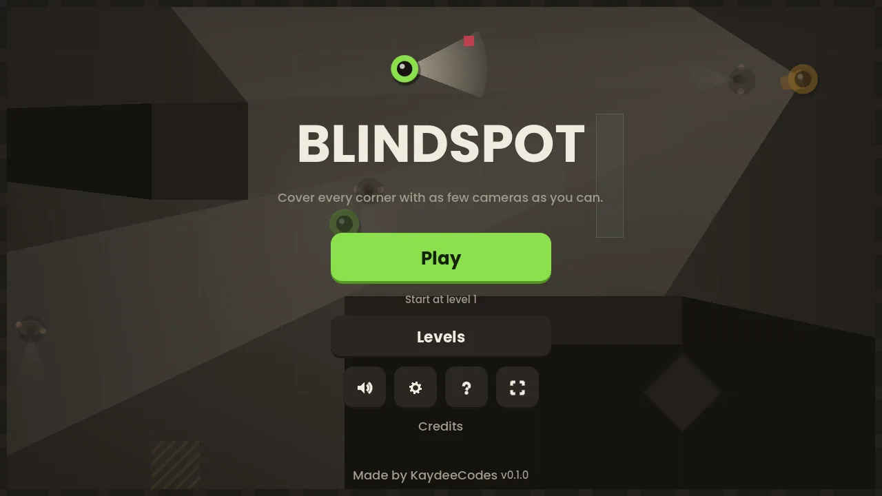 The Blindspot title screen on a computer, with Play, Levels, settings, help and full screen buttons