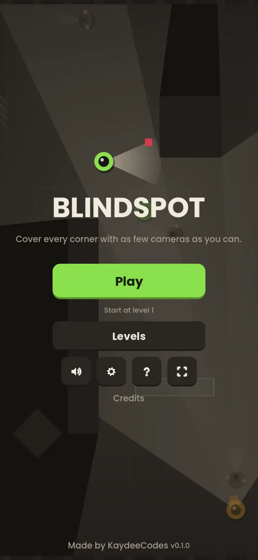 The Blindspot title screen on a phone, laid out to fit a tall screen