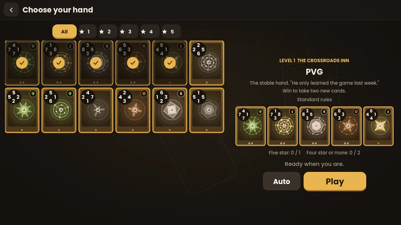 Choosing a hand of five cards before a match, with the opponent's rules and rewards beside it