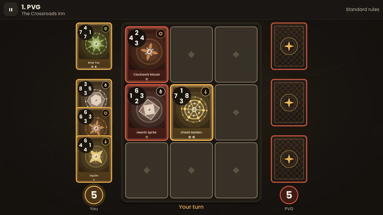 A CardBound match in progress, with gold and red cards on the board and the score at five each