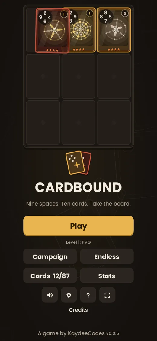 The CardBound title screen on a phone, with a live match above the menu