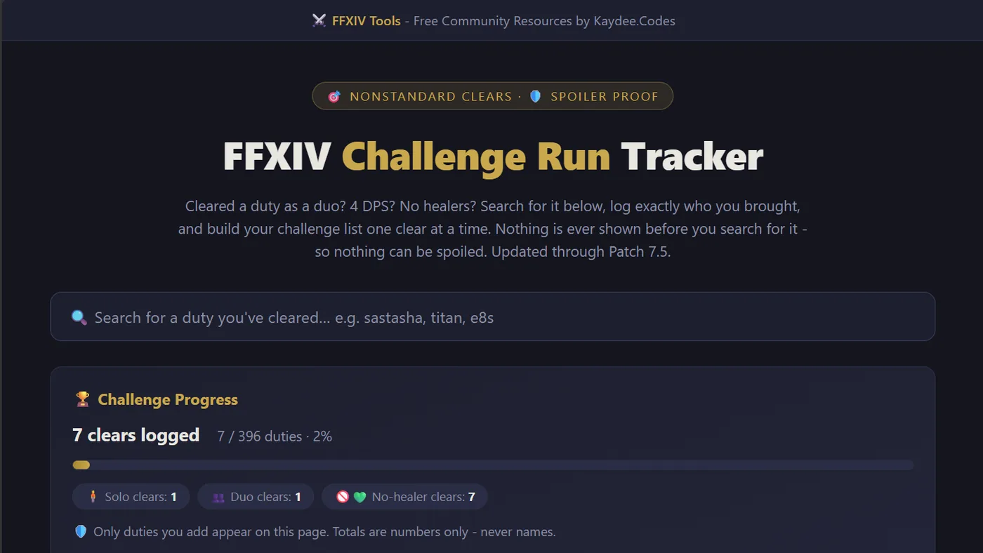 The Challenge Run Tracker with a search box above a progress card counting solo, duo and no-healer clears