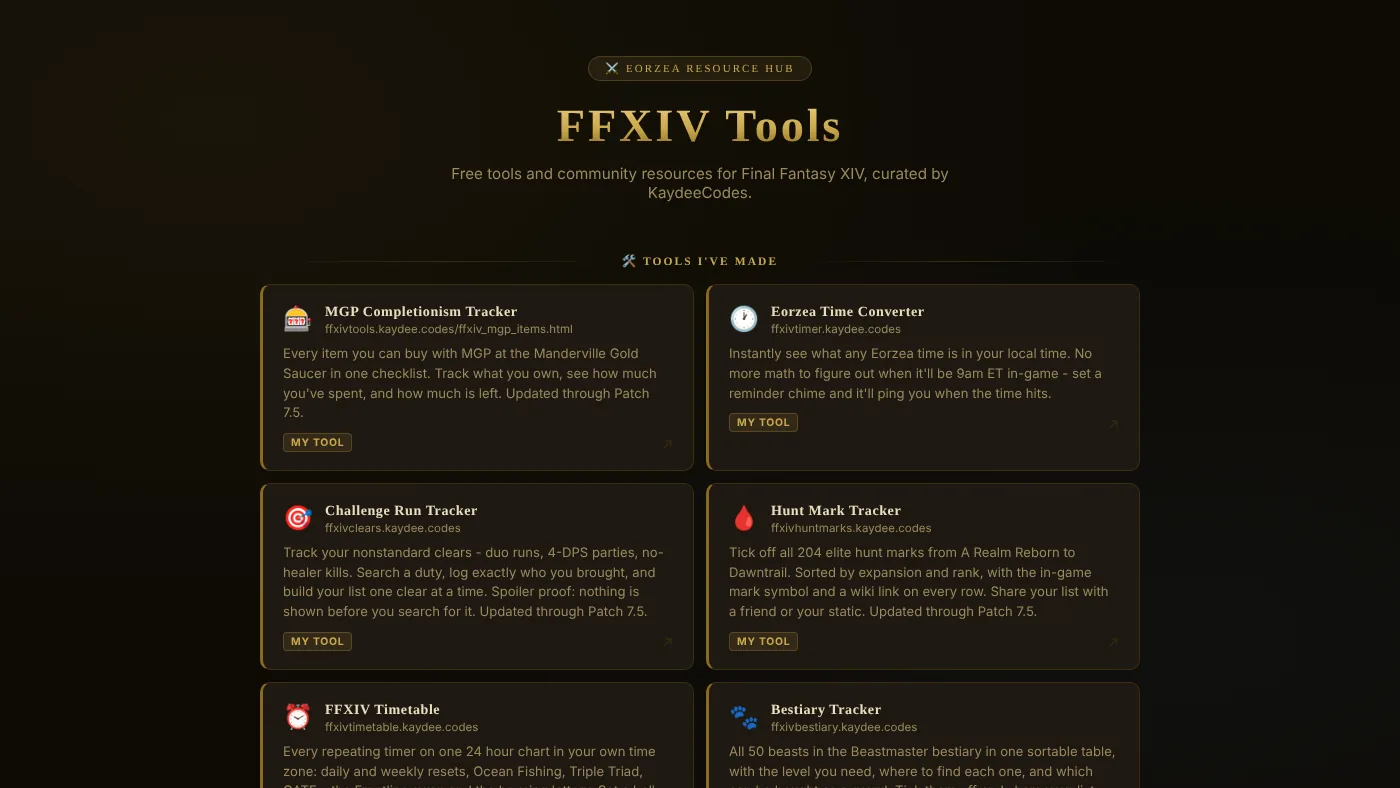 The FFXIV Tools hub, with a card for each of my six FFXIV tools