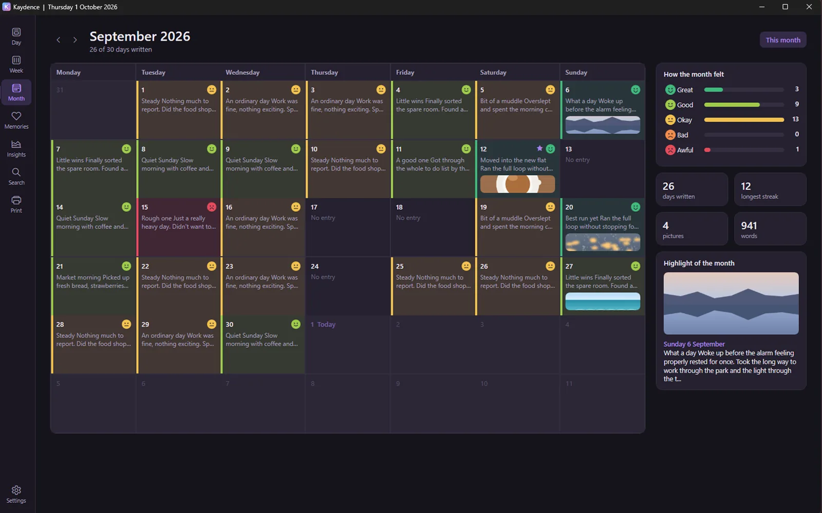 Kaydence showing a month of diary entries, each day coloured by mood, with a summary of the month beside it